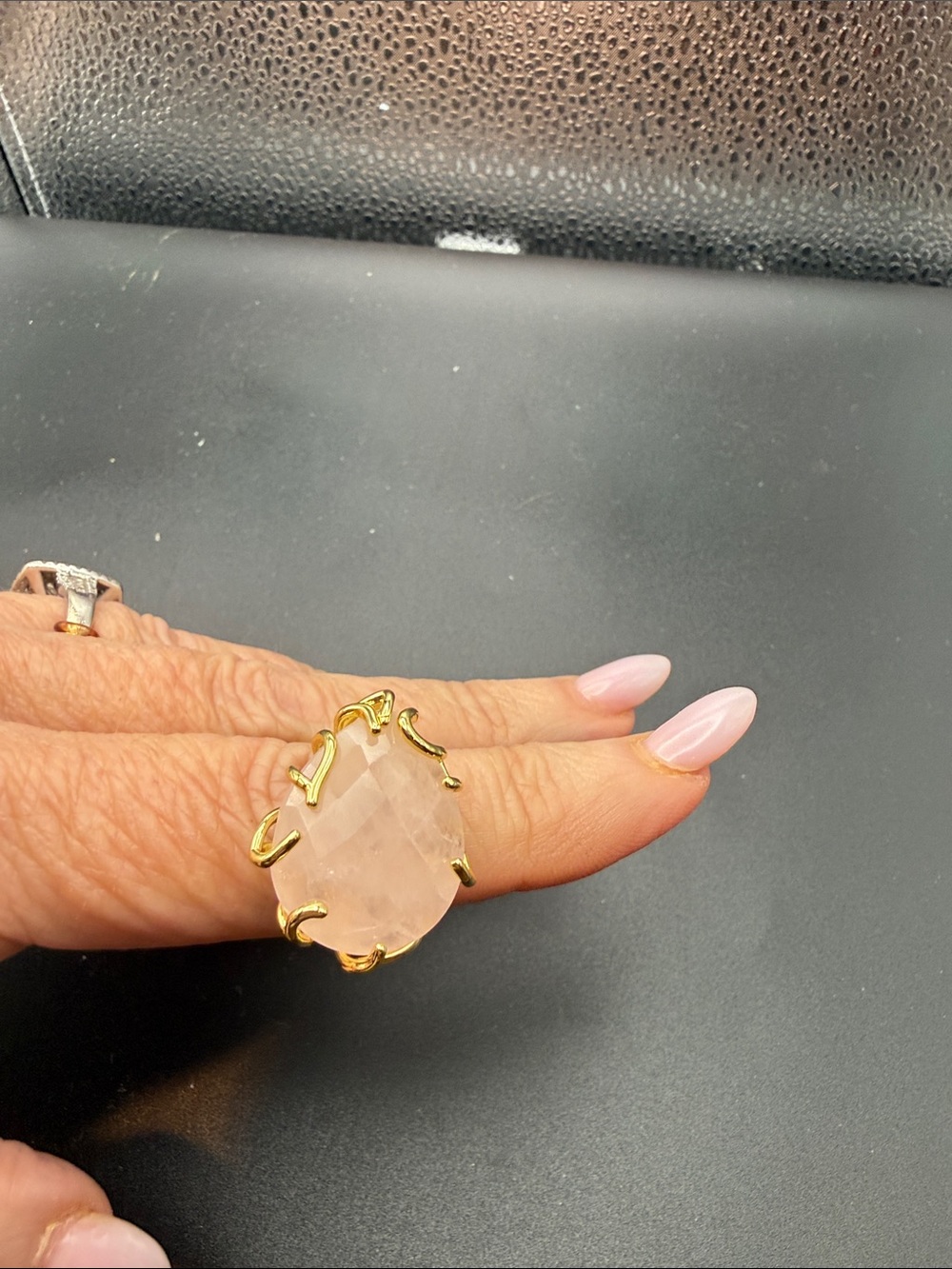 Gold-Plated statement Ring with Pale Pink rose quartz Faceted Gemstone